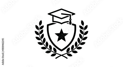Graduation cap and laurel wreath emblem with a star shield, symbolizing academic achievement, honor, and educational excellence icon