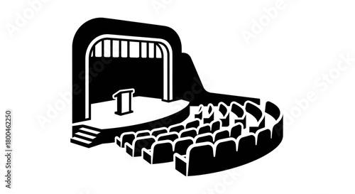 Theater Icon Black and White Illustration of a Stage with Rows of Seats for Performances