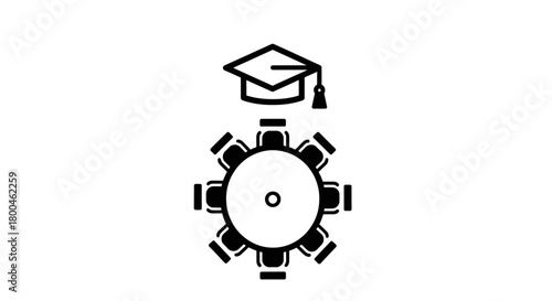 Icon representing collaborative academic discussion, featuring a round table with chairs and a graduation cap, symbolizing education, learning, and knowledge exchange