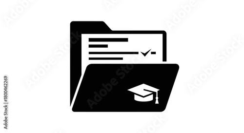 Conceptual black vector icon representing academic records and educational achievements within a digital folder, complete with a graduation cap symbol, signifying successful learning 