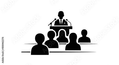 Stylized icon illustrating a speaker addressing an audience at a podium, symbolizing public speaking, presentations, and educational conferences or formal meetings