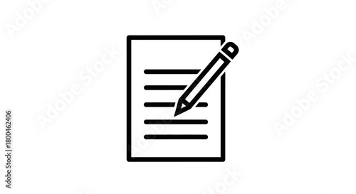 Black and white line art icon of a pencil writing on a lined document, representing note-taking, editing, and signing a contract