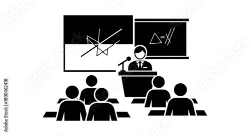 Teacher lecturing students in a classroom with a whiteboard and desks
