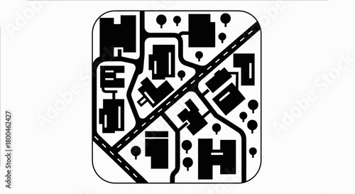 Black and white illustration of a map icon representing buildings, roads, and landscape features