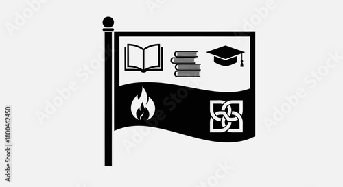Monochrome vector flag emblem representing higher education and institutional heritage. An academic symbol with books, a graduation cap, a flame, and an interwoven knot