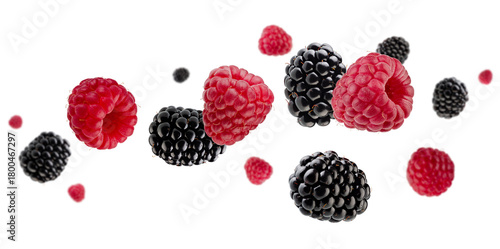 Beautifully retouched blackberries and raspberries fly and levitate in space. Isolated on white.