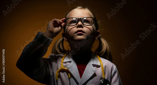 Young Girl Dressed as Doctor Adjusting Glasses with Stethoscope.