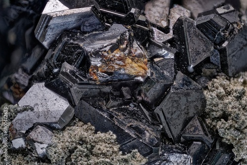 Sphalerite macro crystals from Dalnegorsk, Russia- cubic system, metallic luster with striations- professional macro, micro mineral photography for education and research