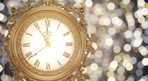 Classic Gold Clock Showing Midnight, Glowing Lights