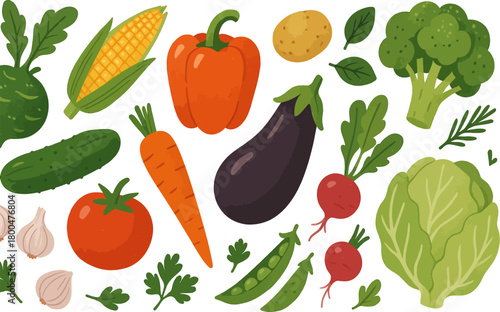 Fresh vegetables assortment featuring corn pepper potato broccoli eggplant carrot and tomato harvest