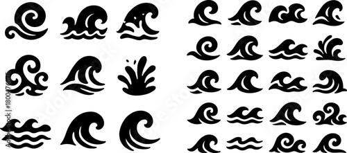Collection of stylized wave icons in black and white for graphic design and creative illustrations