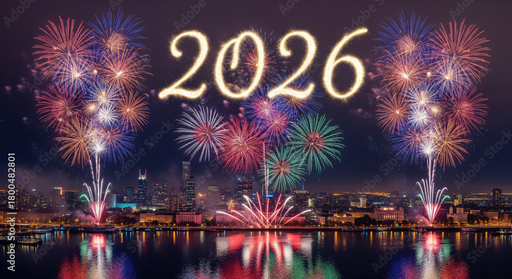 Obraz premium New Year 2026 fireworks celebration over the city skyline
