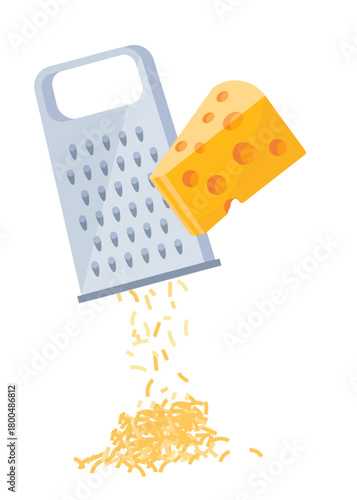 Illustration of cheese being grated on a hand grater isolated on a white background