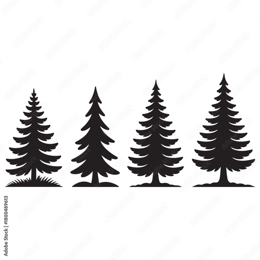 Obraz premium Four silhouetted evergreen trees in a row