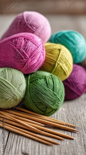 Colorful Yarn Balls and Wooden Knitting Needles on Table