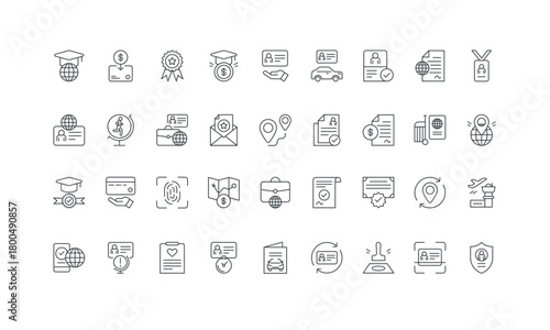 Approve resident certificate, immigrant documents thin black outline symbols vector illustration. Work permit, student and travel visa request and approval status, immigration line icon set.