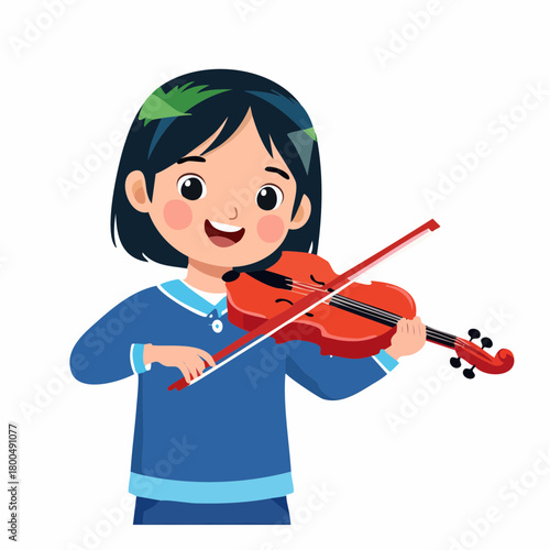 Cartoon Girl Playing Red Violin with Bow Smiling Expression Blue Outfit.