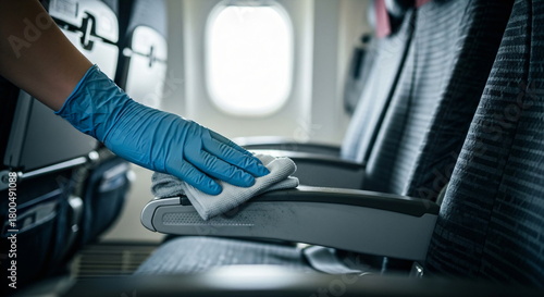 A blue-gloved hand wipes the armrest of an airplane seat with a white cloth soaked in disinfectant. Passenger health and hygiene information. Flight attendants and cleaning.