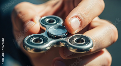 Person holding a silver fidget spinner in hand. Stress relief and anxiety reduction toy. Handheld gadget for focus and relaxation.