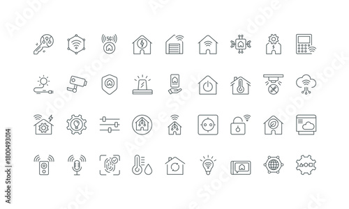 Smart plug and bulb, speaker thin black and red outline symbols vector illustration Smart home and Internet of Things, settings management and voice control with mobile app, central hub line icon set.