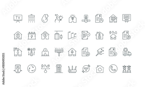 Electricity meter, heater thin black and red outline symbols vector illustration. Public utilities contract for electric energy and gas, water supply, repair and maintenance services line icon set