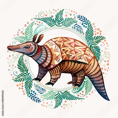 Stylized Armadillo with Intricate Geometric Patterns and Floral Border.