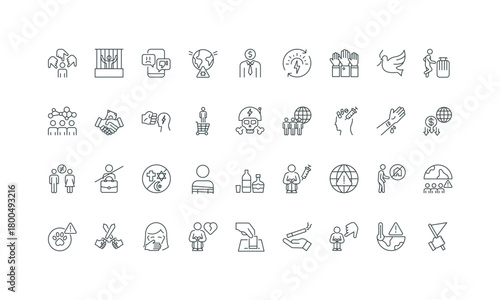 Bullying and abuse, alcohol and smoking addiction thin black and red outline symbols vector illustration Global social issues, poverty and homeless people, crime and eco problem, war line icon set.