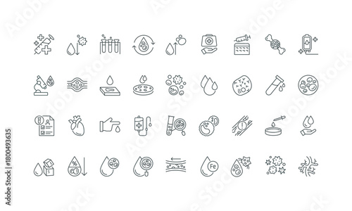 Measure white and red blood cells, platelet, hemoglobin thin outline symbols vector illustration Blood test in laboratory and cardiovascular disease diagnosis, circulation, transfusion line icon set.