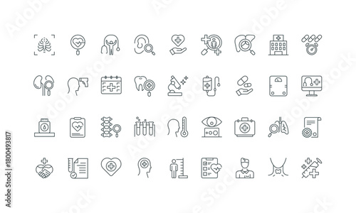 Treatment and prevention, diagnostic center thin black and red outline symbols vector illustration Health checkup, patients examination by doctor in hospital, online consultation line icon set.