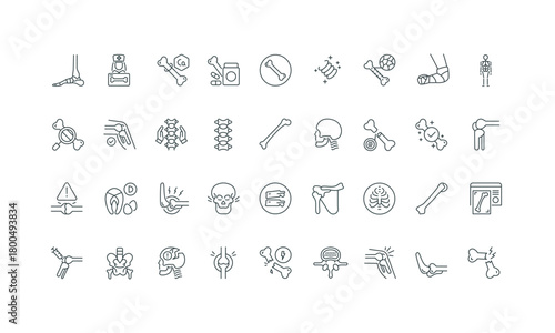 Vitamin D and calcium for strength, anatomy thin black and red outline symbols vector illustration Human bones and joints of skeleton, orthopedic prevention, treatment and physiotherapy line icon set.