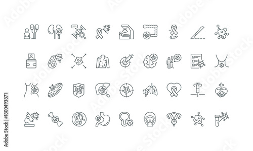 Tumor markers and target therapy for patient, tumor cell pathology, chemotherapy thin black and red outline symbols vector illustration Oncology, cancer diagnosis and treatment line icon set.