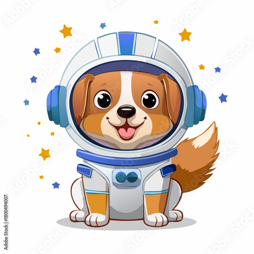 A cheerful cartoon astronaut dog with vibrant magenta and blue eyes wearing a white space suit.