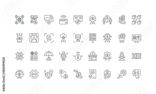 InsurTech, open banking and API, biometric authentication thin black and red outline symbols vector illustration FinTech, smart contract, blockchain and cryptocurrency, online wallet line icon set.