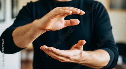 Fototapeta Naklejka Na Ścianę i Meble -  Caucasian man gesturing with hands to show small size or concept of holding something. Hand gesture for measurement or virtual display.
