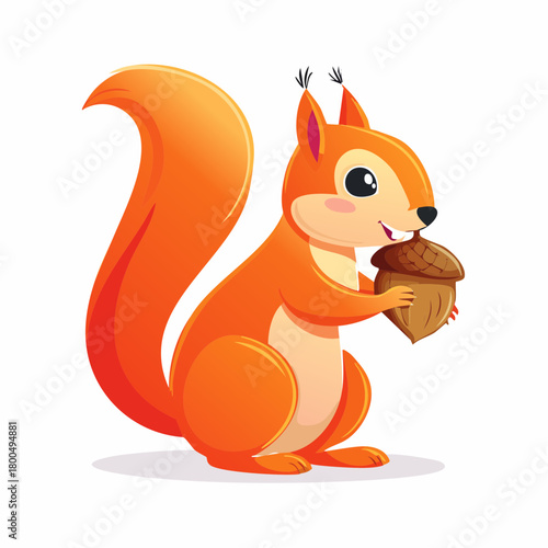 Adorable white cartoon squirrel holding a brown acorn.