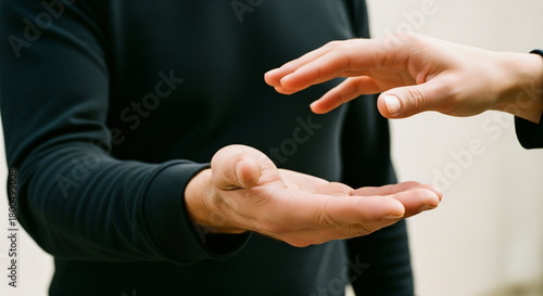 Fototapeta Naklejka Na Ścianę i Meble -  Caucasian man gesturing with hands to show small size or concept of holding something. Hand gesture for measurement or virtual display.