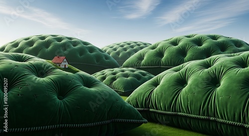 A tiny house sits on a surreal landscape of rolling hills made from giant green tufted velvet cushions.