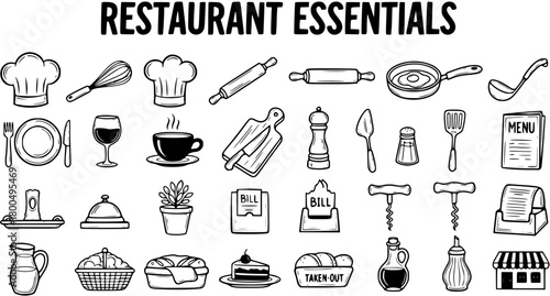 Hand-drawn Restaurant Essentials Icons Set. Collection of Kitchen Utensils, Food Items, and Dining Equipment in Doodle Outline Style.