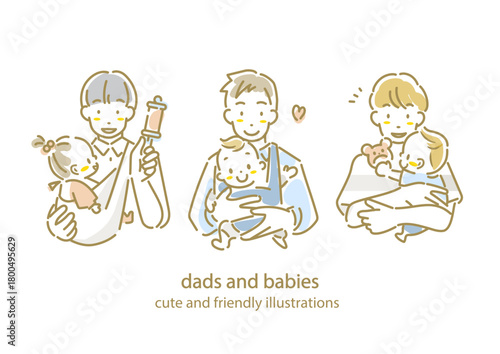 若いお父さんと赤ちゃんのセット　手描き水彩風のお洒落な線画イラスト