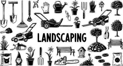 Landscaping Elements: Hand-Drawn Vector Icons  Illustrations for Gardening  Outdoor Projects