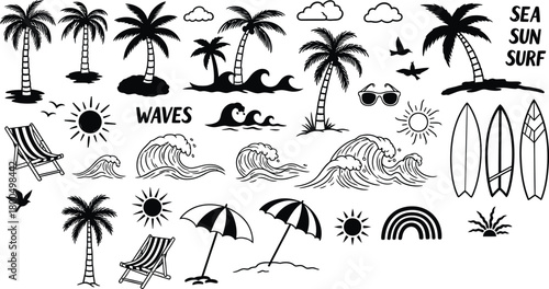 Hand drawn tropical beach elements collection with palm trees waves and sun