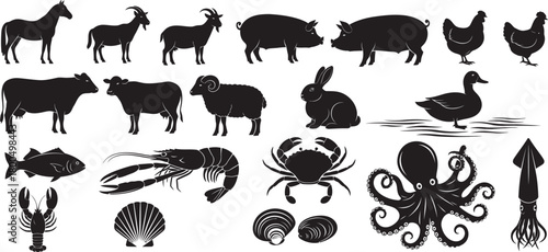 Collection of farm animals and seafood silhouettes on white background