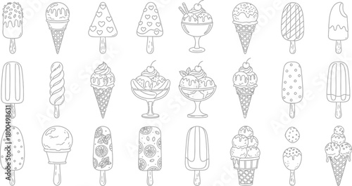 Collection of hand drawn ice cream cones and popsicles in outline style