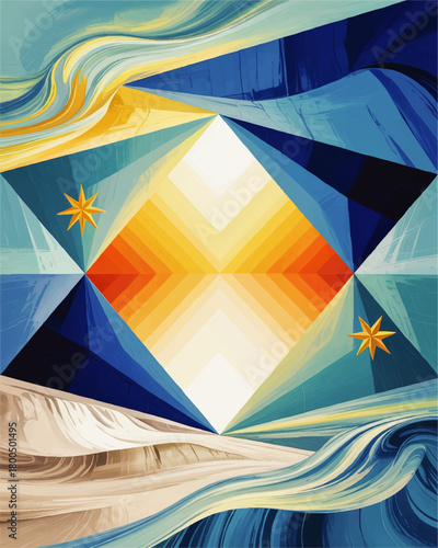 Abstract geometric seascape with pyramids, sunrise sky and golden stars in vibrant blue, teal and orange modern vector art