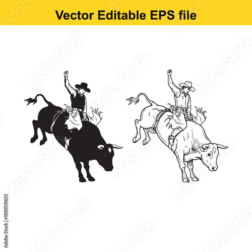 Two cowboys riding bucking bulls, one in black and white, isolated on