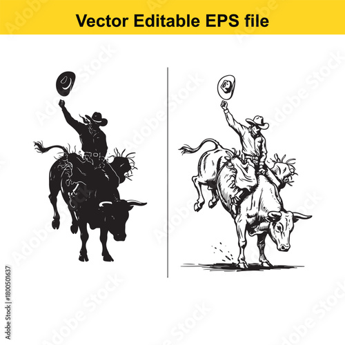 Silhouette and line art of a cowboy tipping his hat while riding a bucking bull, isolated on