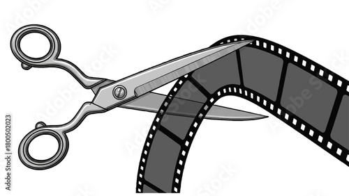 Vector illustration of scissors cutting a film strip isolated on transparent background 