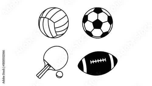Vector illustration of collection of four sports balls and a ping pong paddle with ball isolated on transparent background 