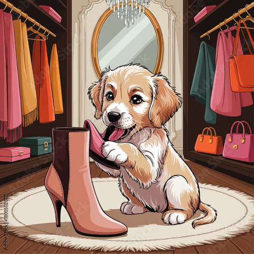 Cute puppy playing with high heel shoe in luxury walk in closet, fashion illustration of dog in glamorous dressing room interior