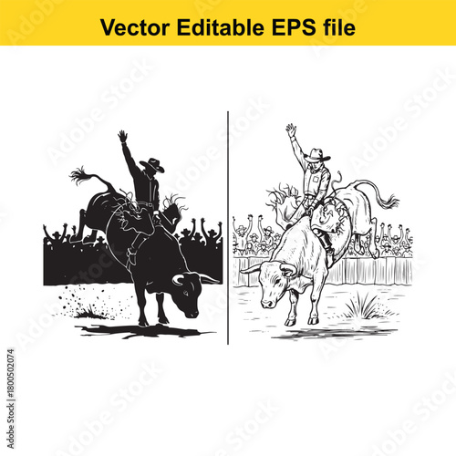 Bull rider in action, rodeo cowboy on a bucking bull, dynamic silhouette and line art comparison